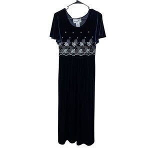Vintage Another Thyme Blue‎ Velvet Maxi Dress Embroidered Flowers Size 10